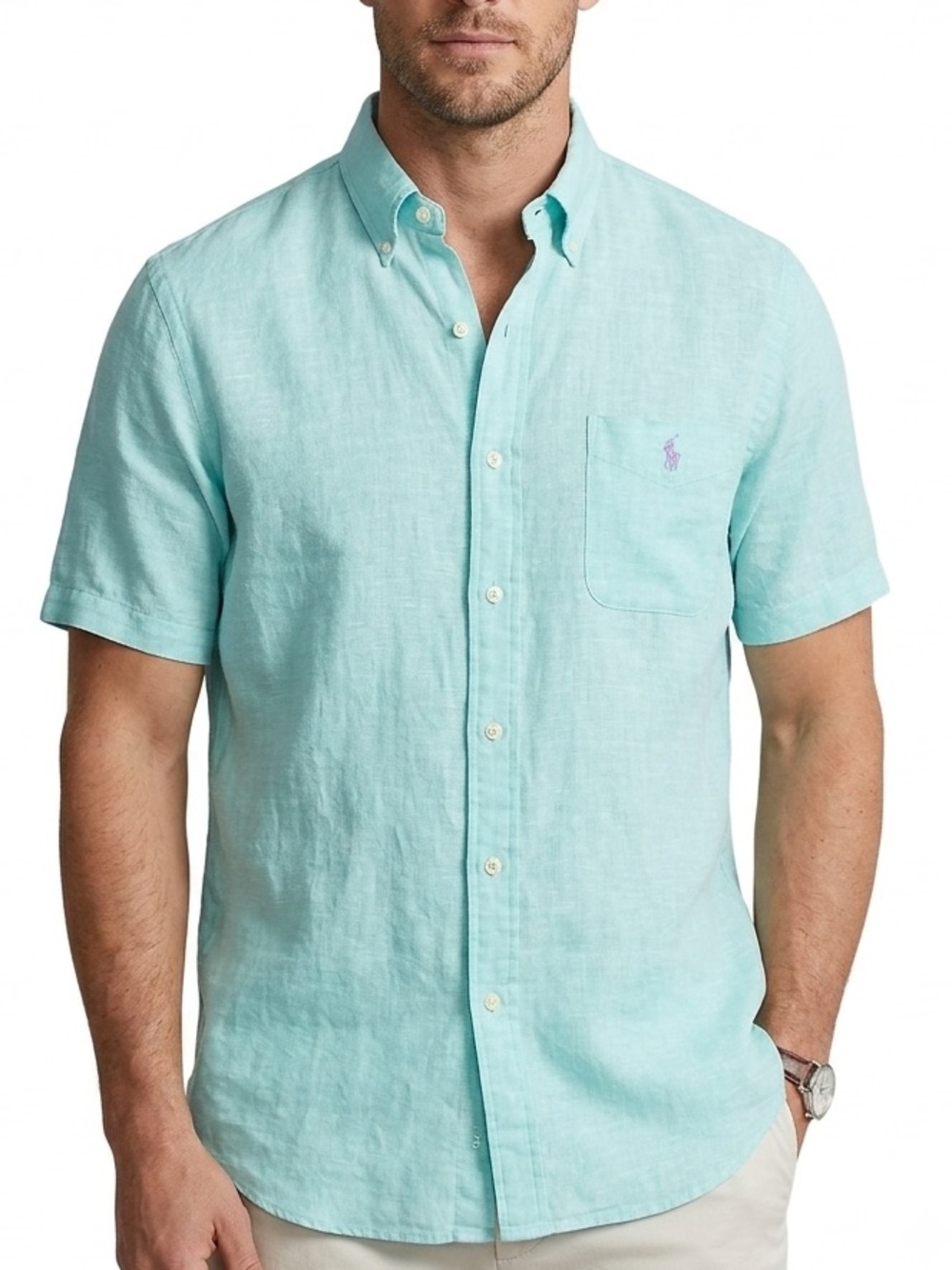 Ralph Lauren 100% Linen Classic Fit Button Down Short Sleeve Shirt Teal XXL